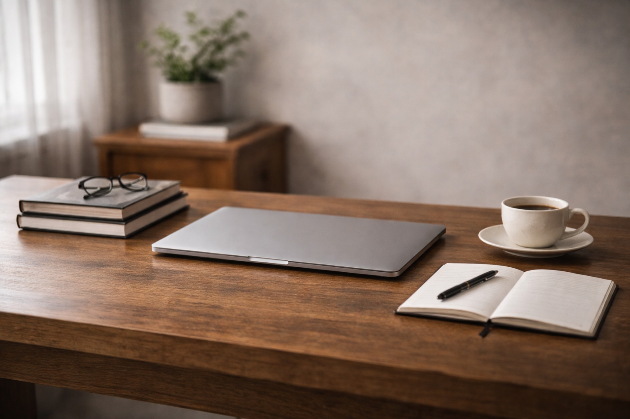Mesa elegante com livros e notebook representando o projeto editorial