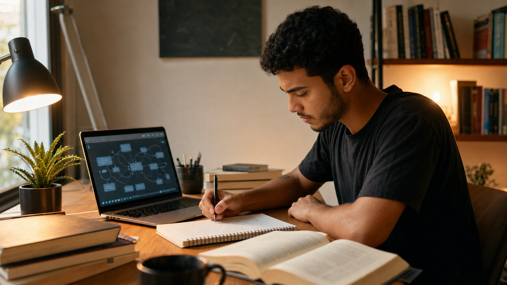 Pessoa estudando com caderno, livros e inteligência artificial no notebook