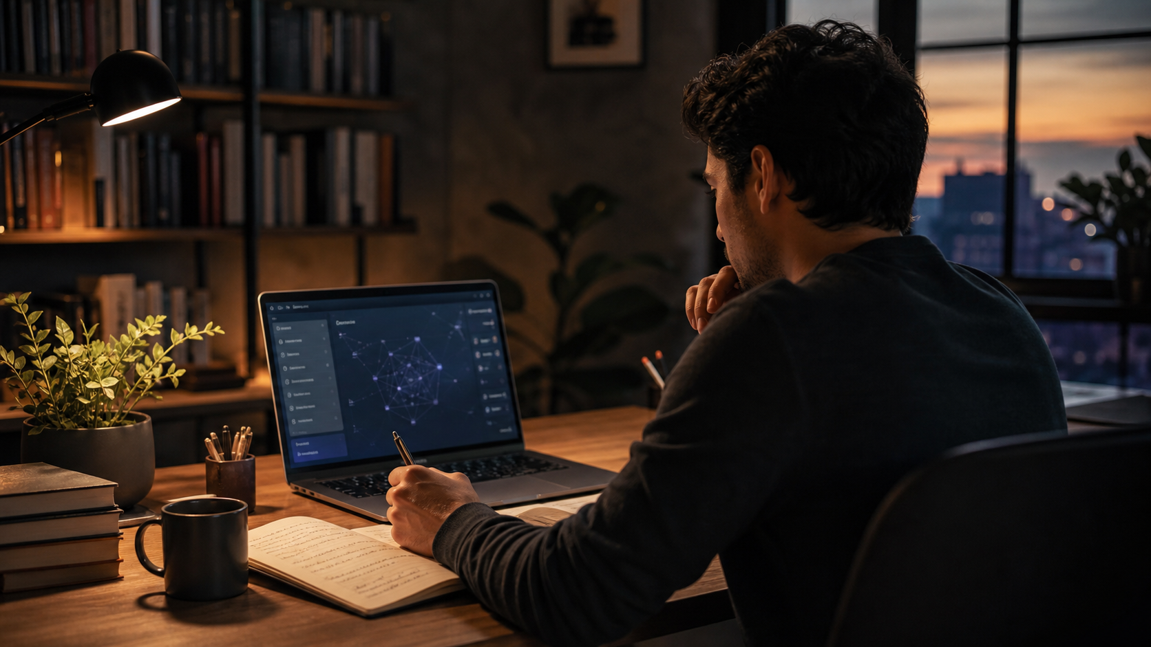 Pessoa usando inteligência artificial no notebook enquanto escreve em um caderno
