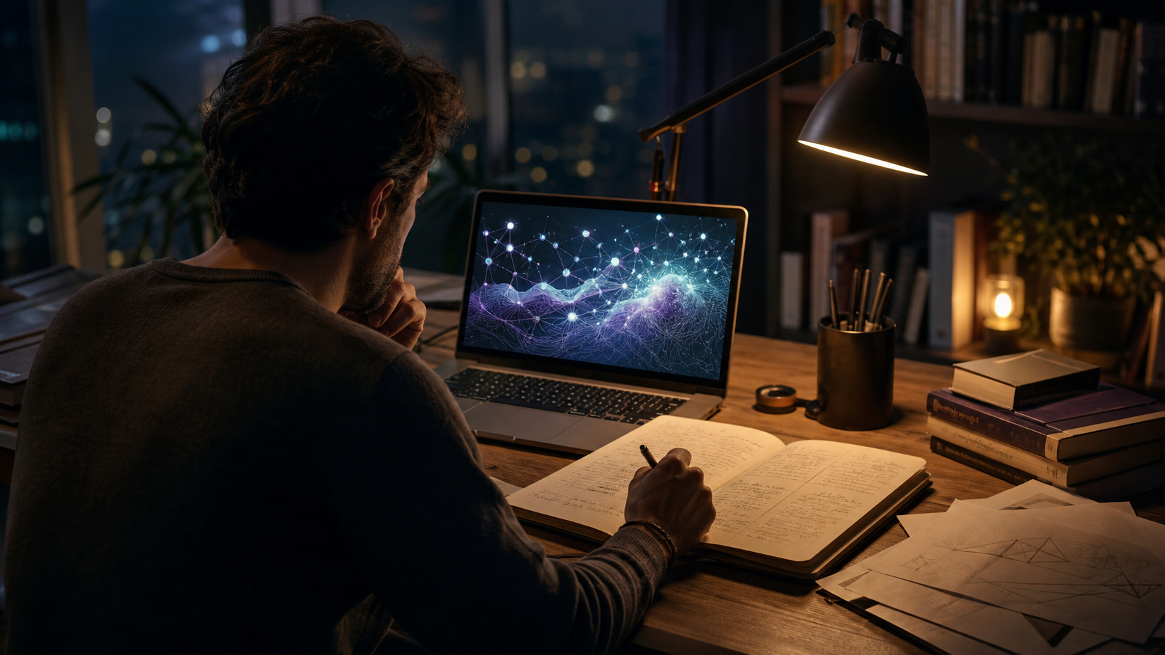 Pessoa escrevendo em um caderno diante de uma interface abstrata de inteligência artificial