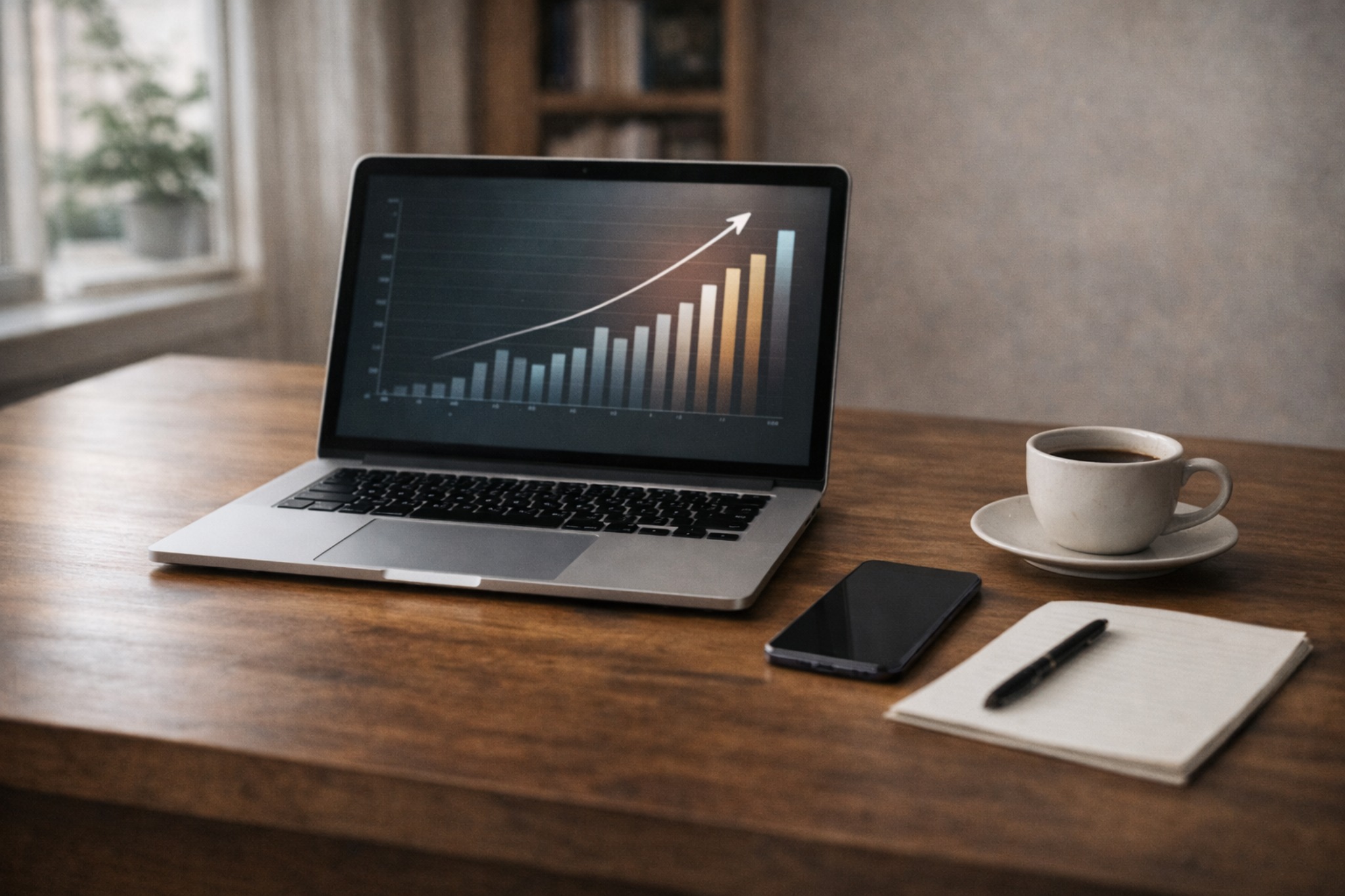 Caderno e gráficos financeiros em mesa de trabalho