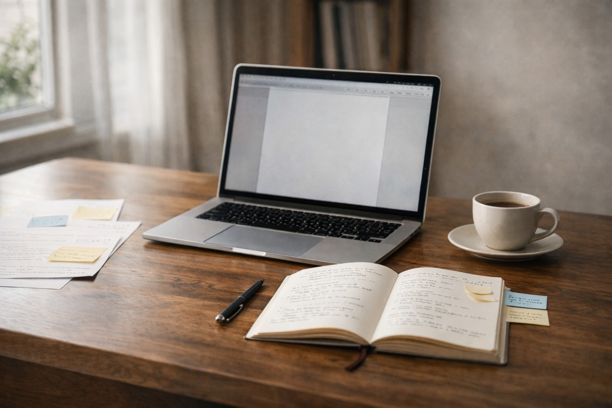 Mesa de estudos com notebook e caderno