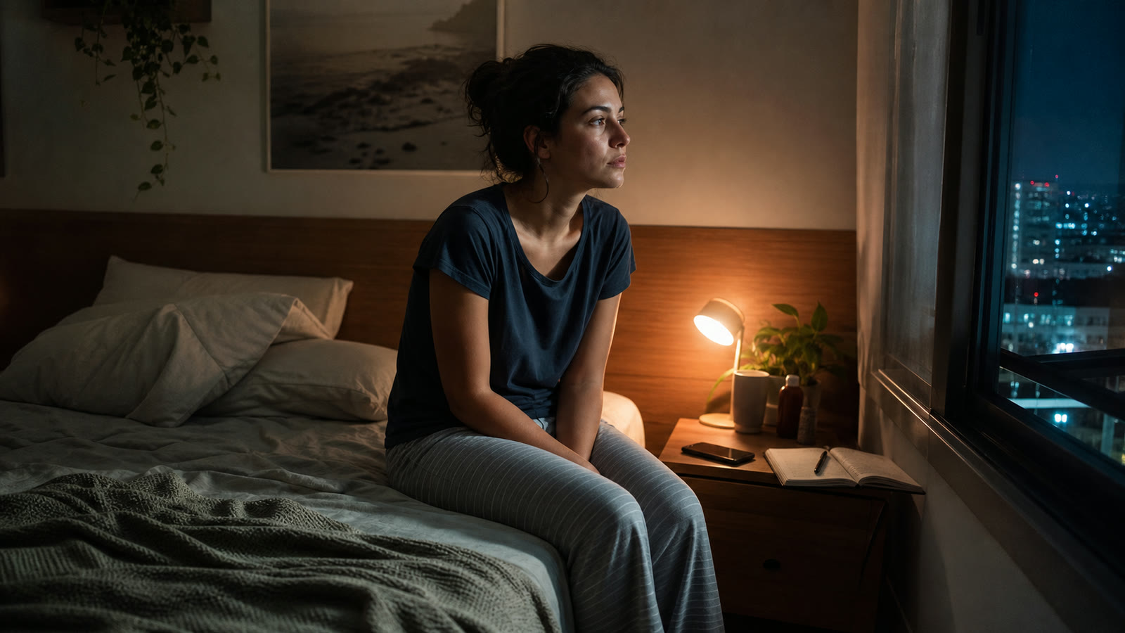 Mulher adulta sentada na cama durante a noite, olhando pela janela de um quarto real.