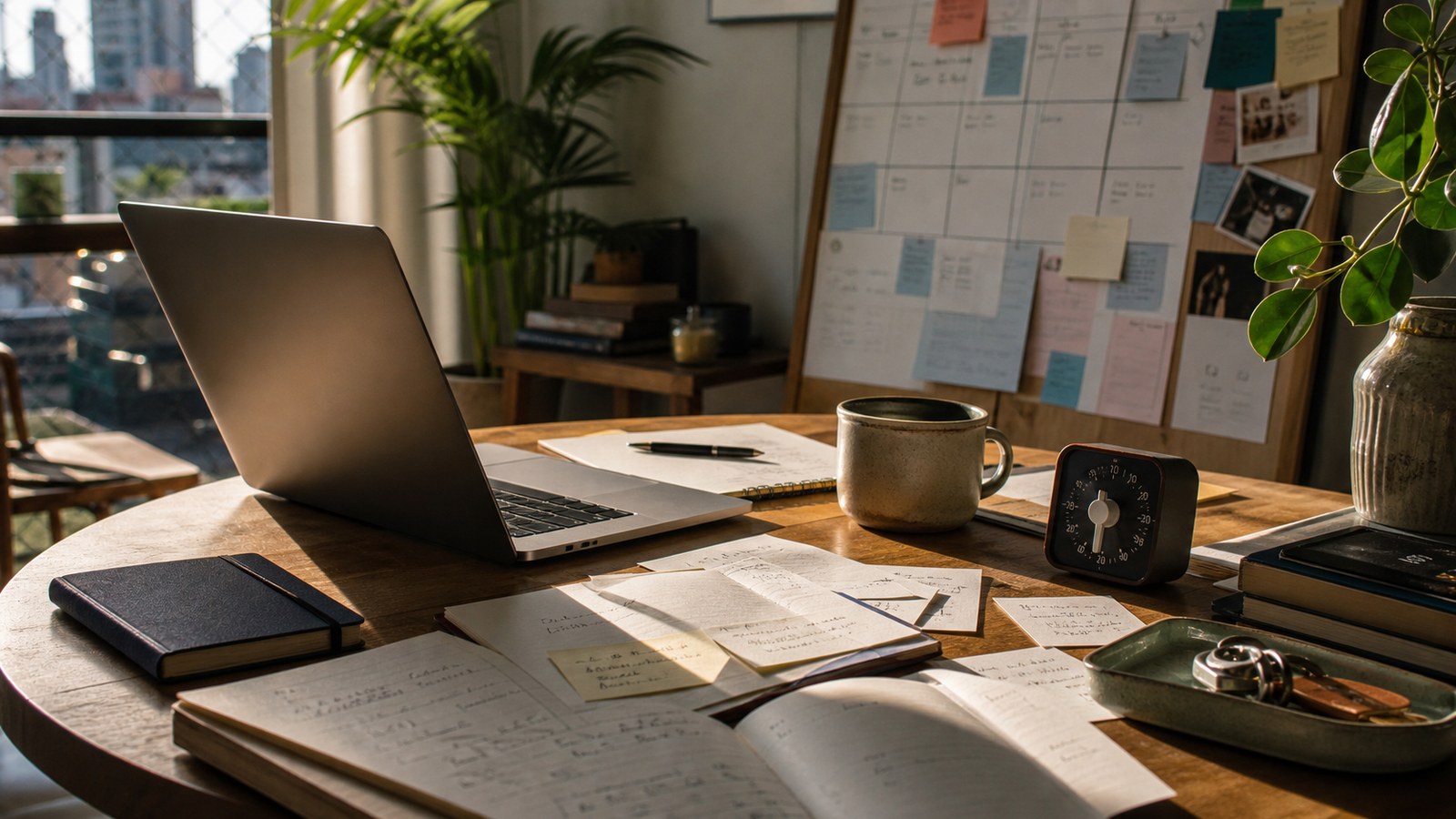 Mesa editorial com cadernos, timer, notas, plantas e luz natural em um apartamento.