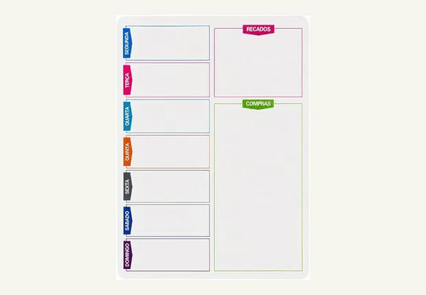 Planner semanal magnético colorido com áreas de recados e compras.