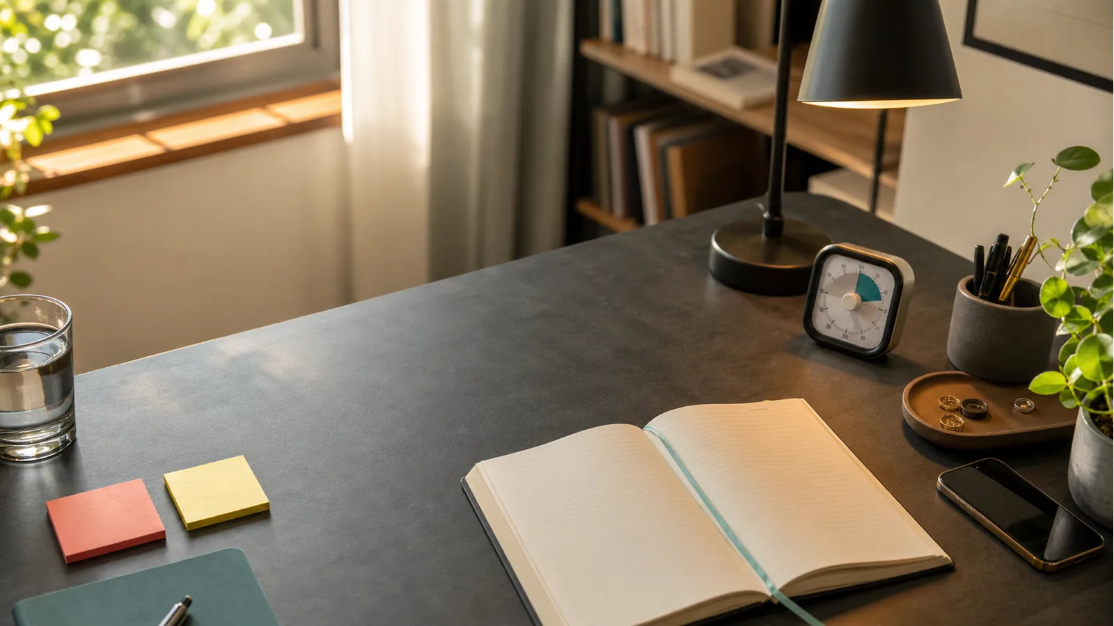 Mesa de estudo com caderno aberto, timer visual, luminária acesa, notas adesivas e espaço livre para começar uma tarefa.